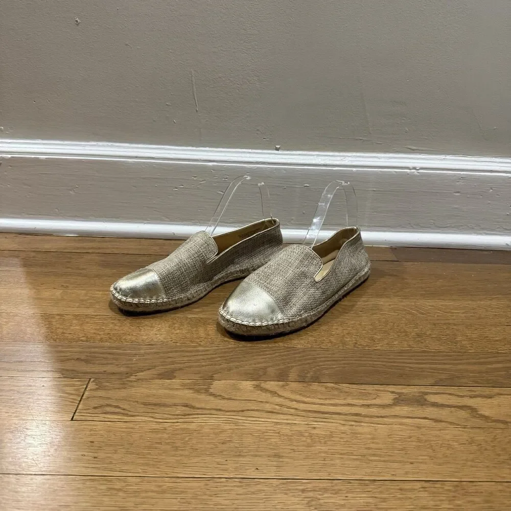 Talbots Izzy Beige Gold Linen Metallic Cap Toe Espadrille Flats Slip-On Sz 8.5 M